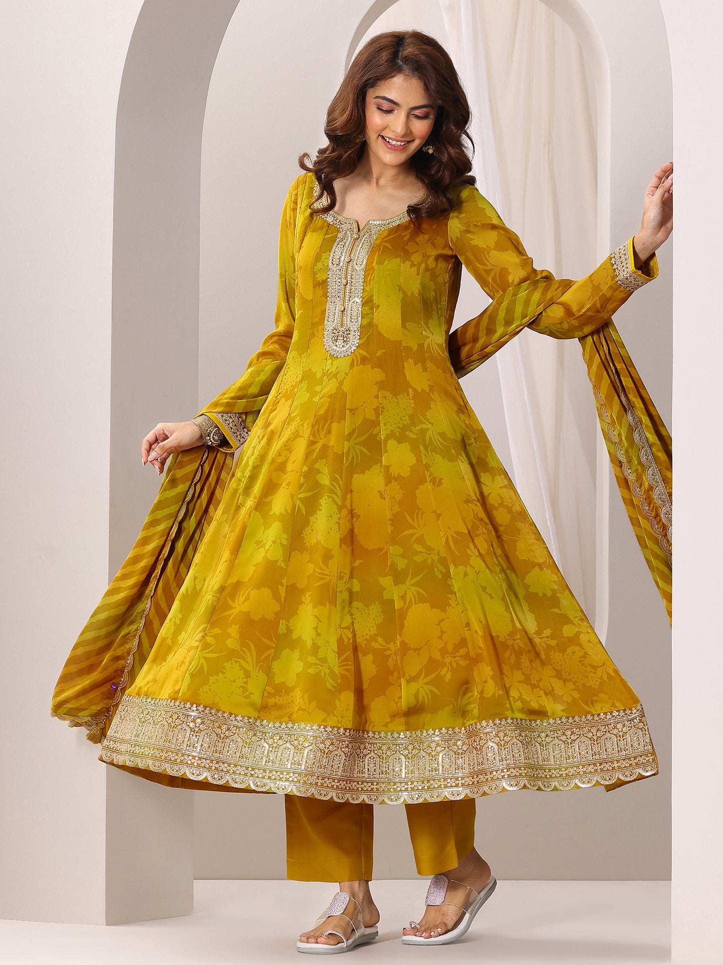 Mustard Printed Silk Chiffon Anarkali Suit Set With Dupatta