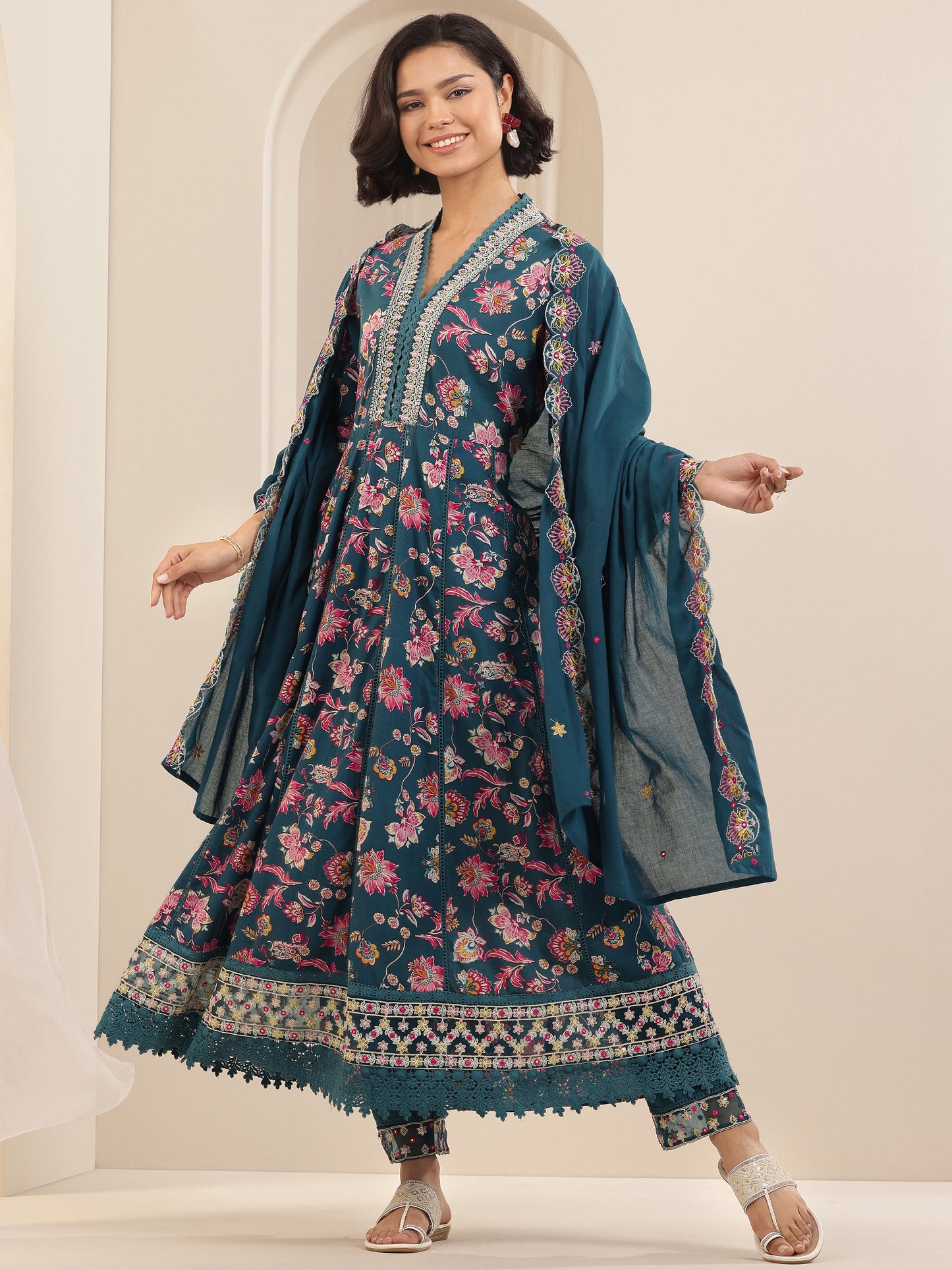 Teal Printed Cotton Anarkali Suit Sets With Dupatta