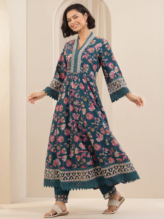Teal Printed Cotton Anarkali Suit Sets With Dupatta