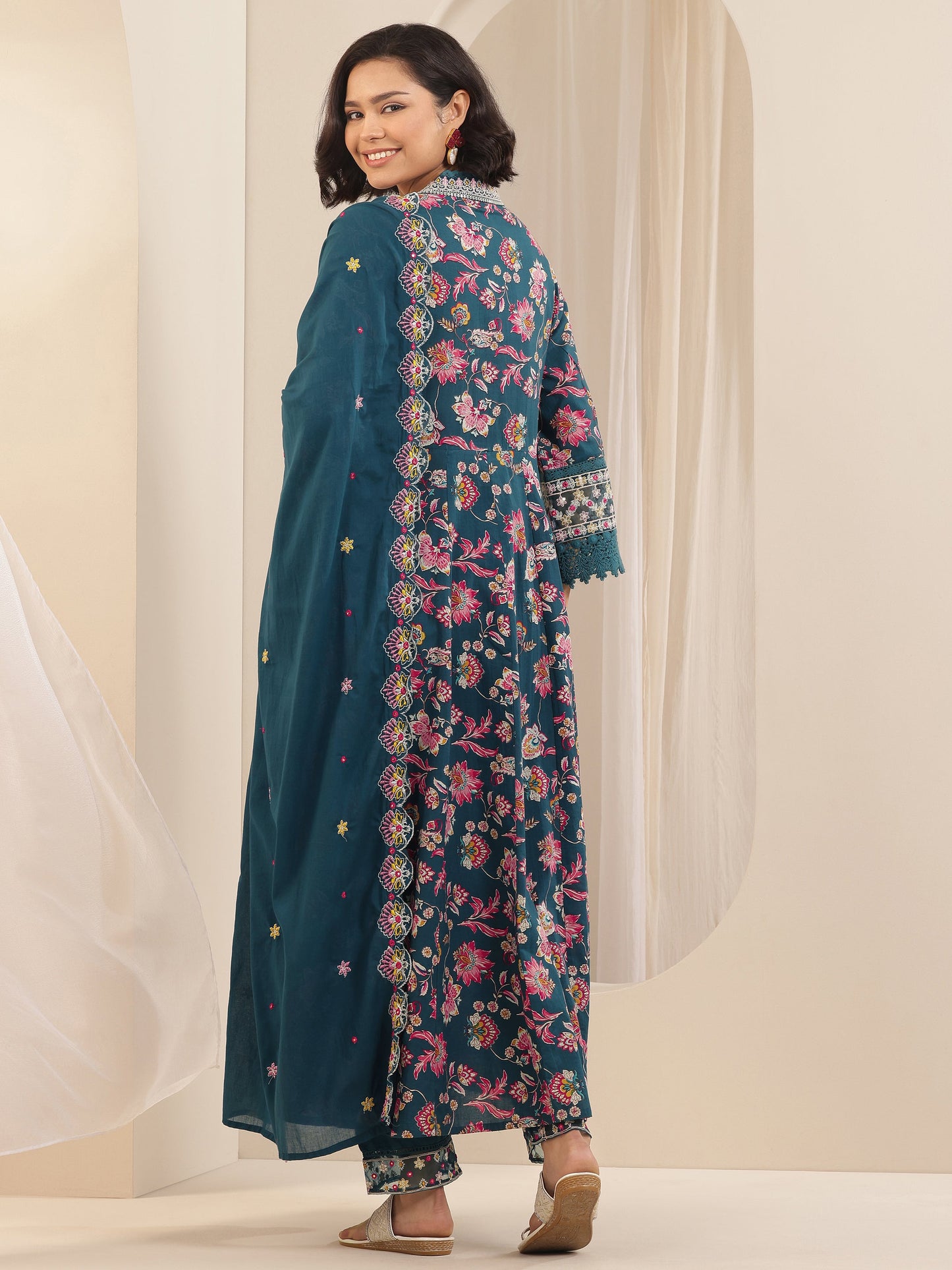 Teal Printed Cotton Anarkali Suit Sets With Dupatta