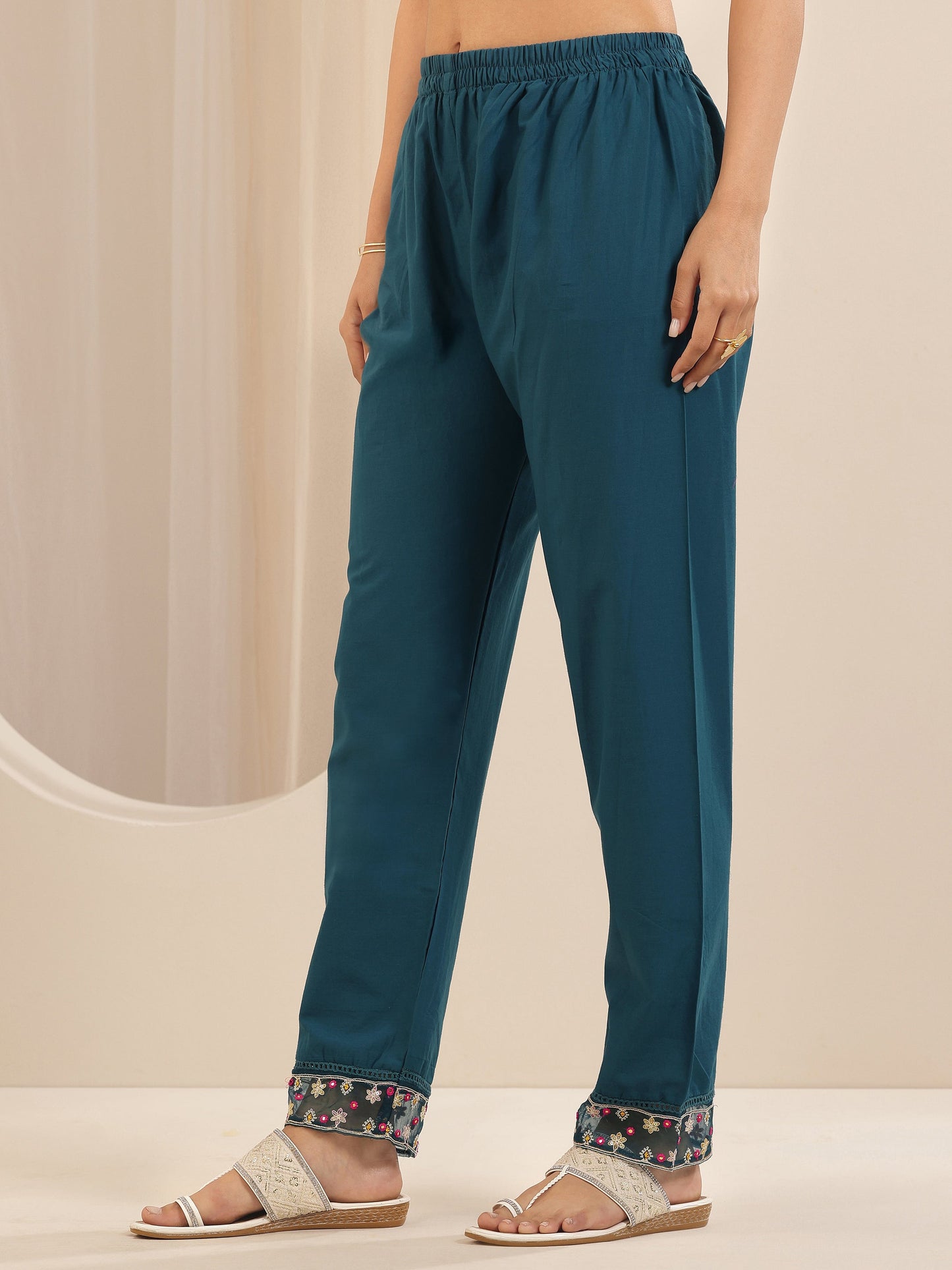 Teal Printed Cotton Anarkali Suit Sets With Dupatta