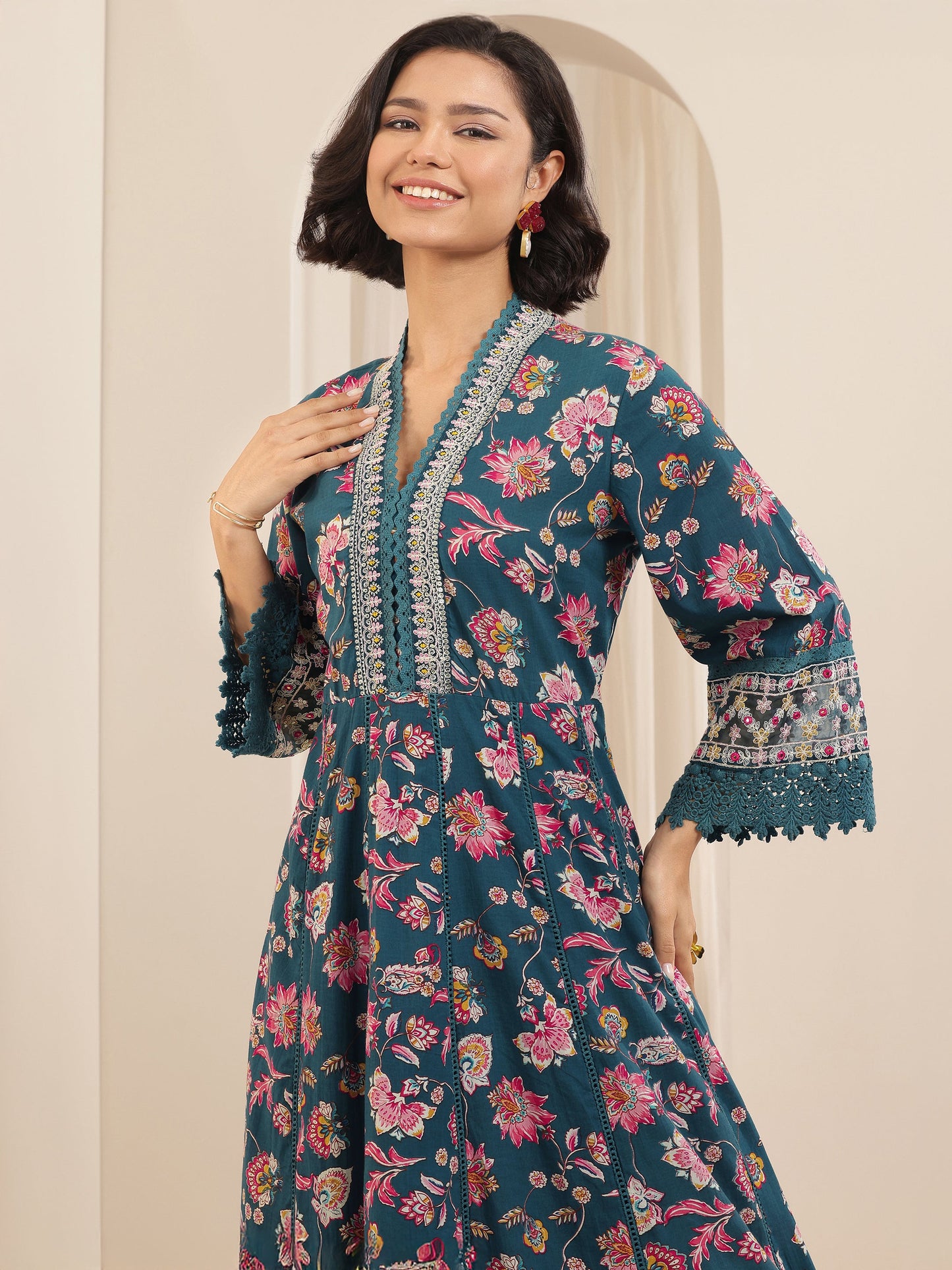 Teal Printed Cotton Anarkali Suit Sets With Dupatta