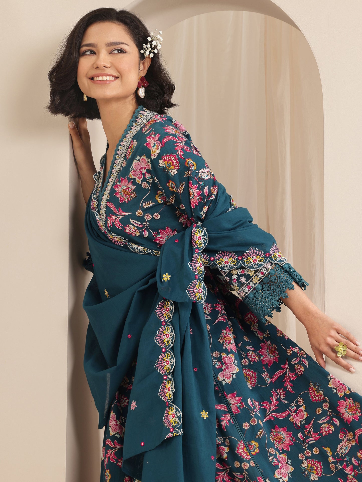 Teal Printed Cotton Anarkali Suit Sets With Dupatta