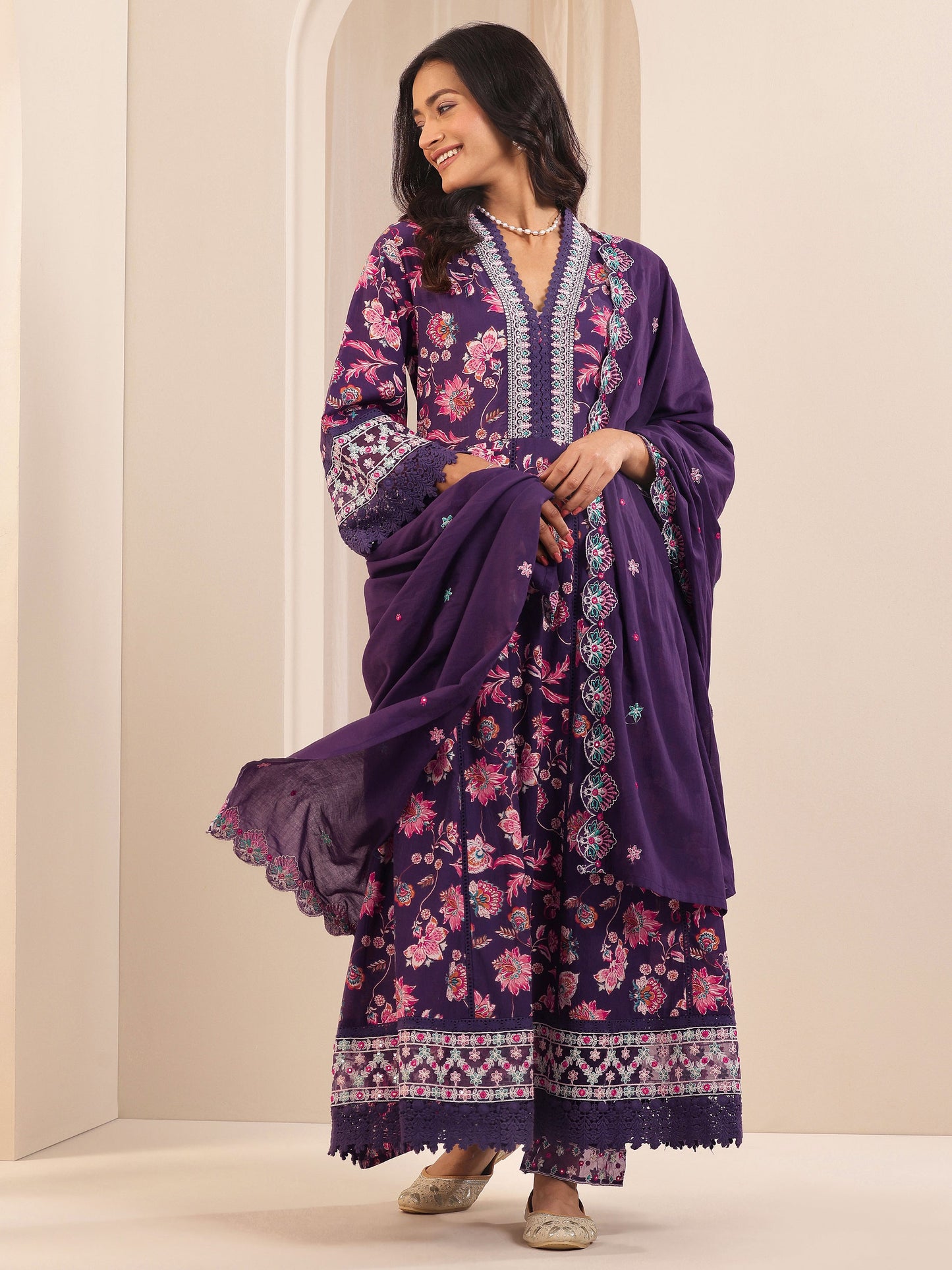 Purple Printed Cotton Anarkali Suit Sets With Dupatta