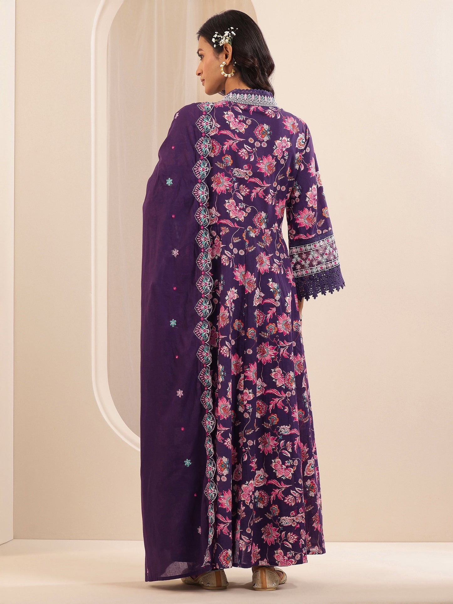 Purple Printed Cotton Anarkali Suit Sets With Dupatta