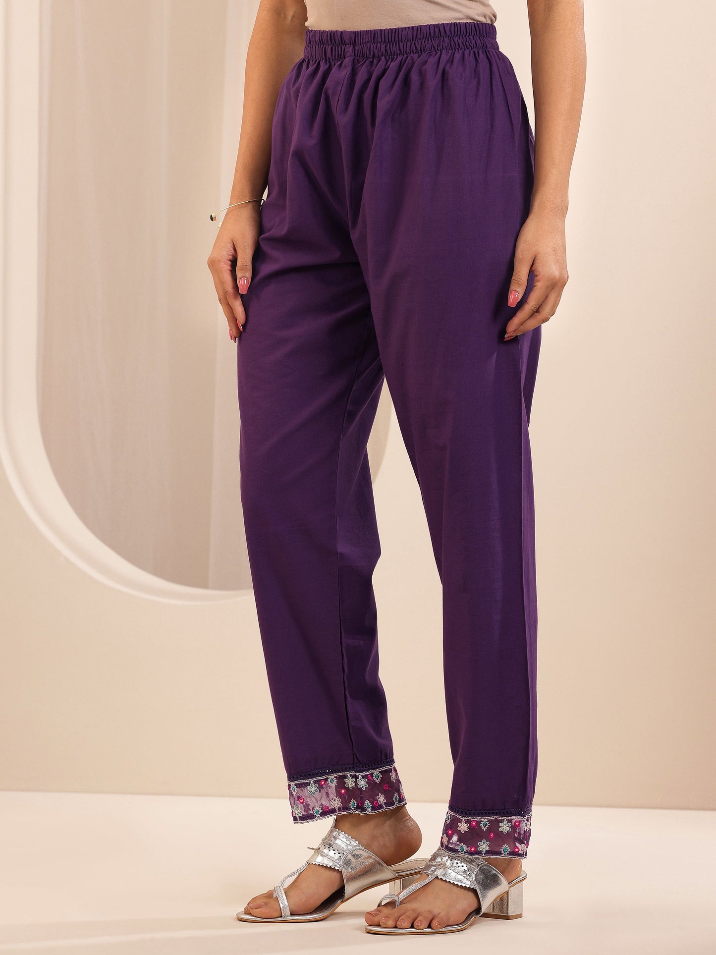 Purple Printed Cotton Anarkali Suit Sets With Dupatta