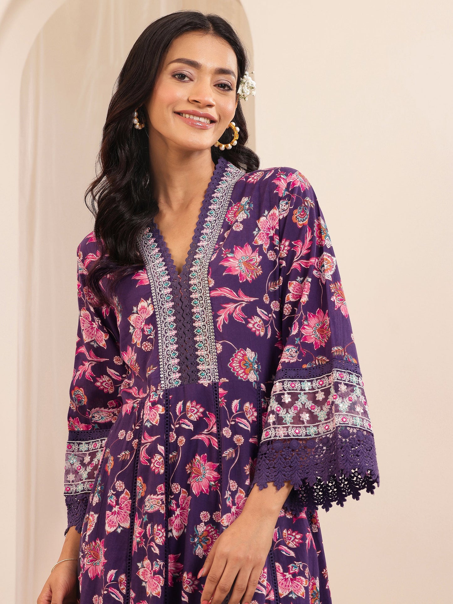 Purple Printed Cotton Anarkali Suit Sets With Dupatta