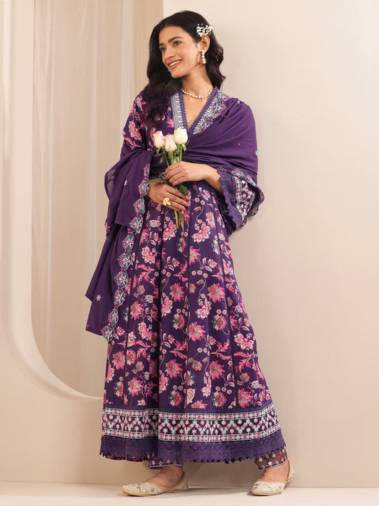 Purple Printed Cotton Anarkali Suit Sets With Dupatta