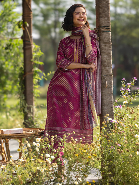 Maroon Printed Cotton Straight Suit Set With Dupatta