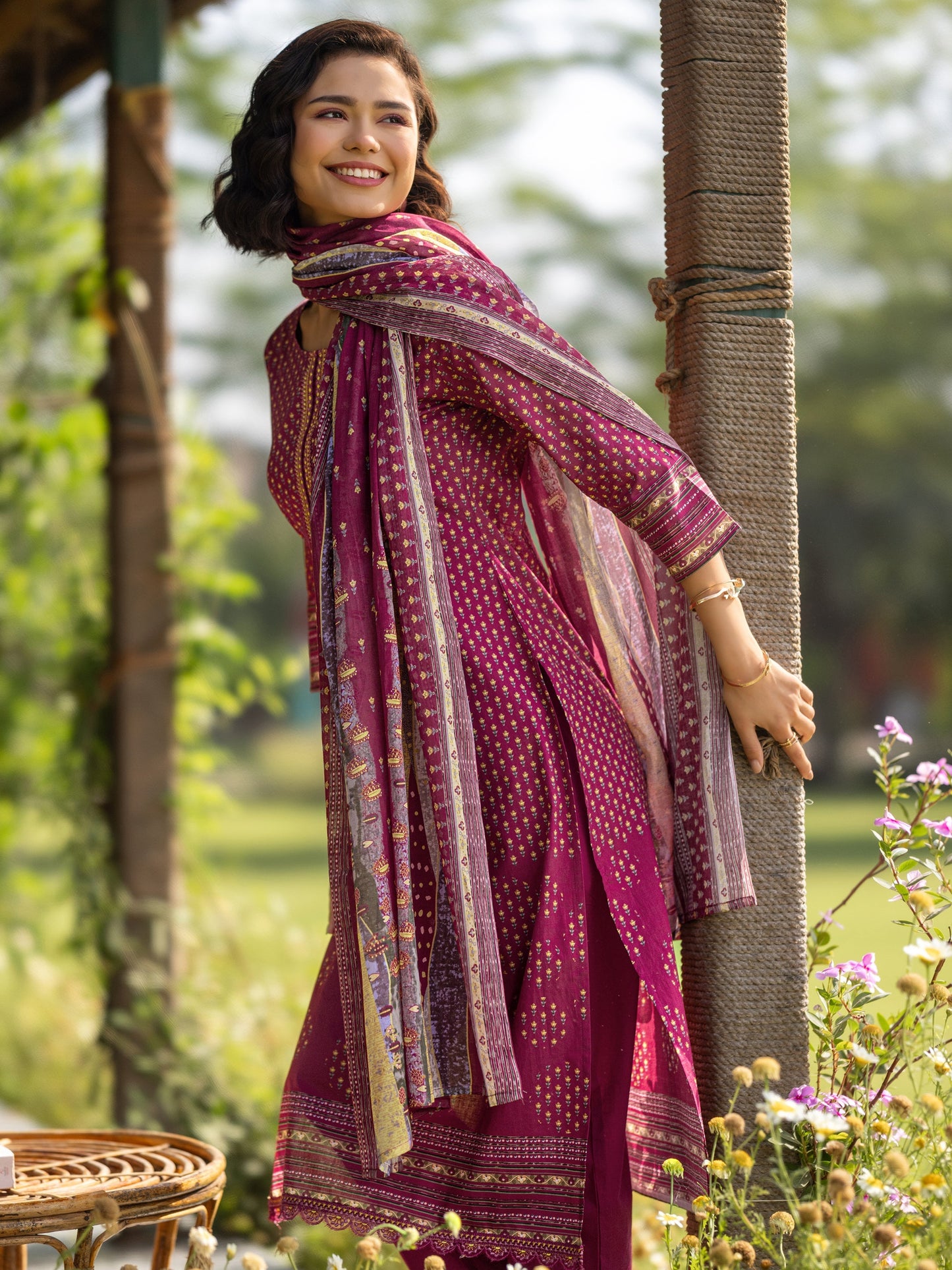 Maroon Printed Cotton Straight Suit Set With Dupatta