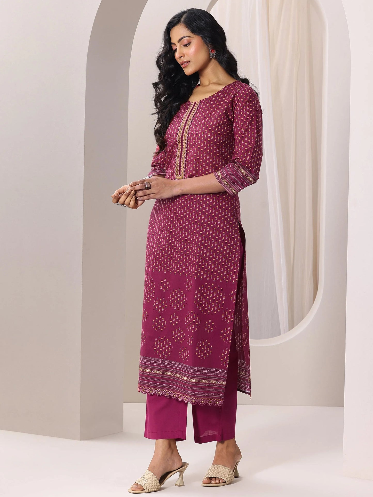Maroon Printed Cotton Straight Suit Set With Dupatta