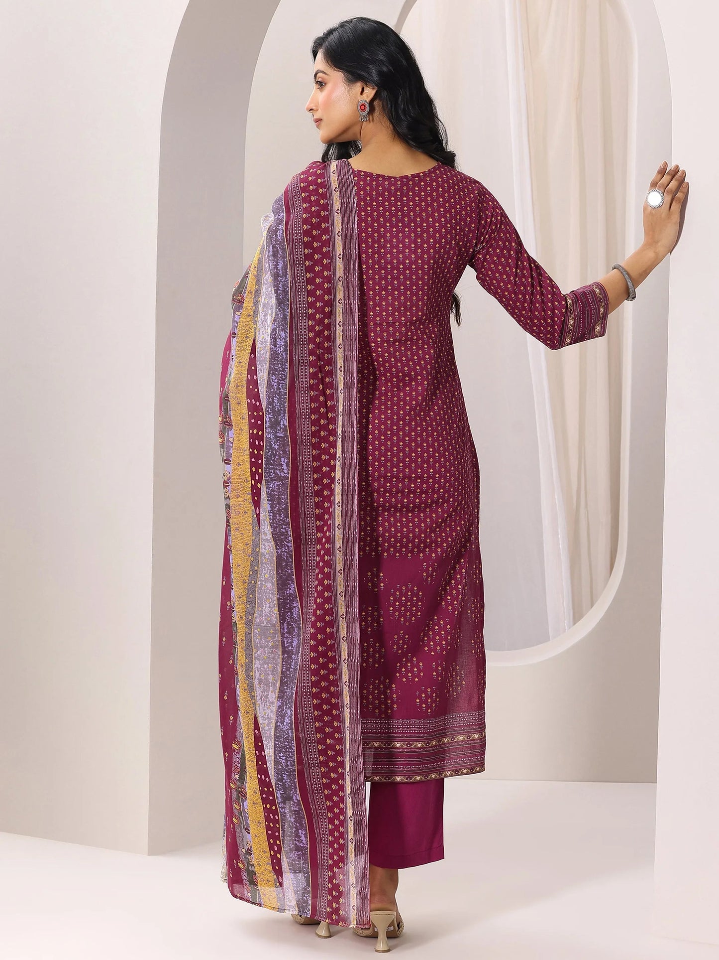 Maroon Printed Cotton Straight Suit Set With Dupatta
