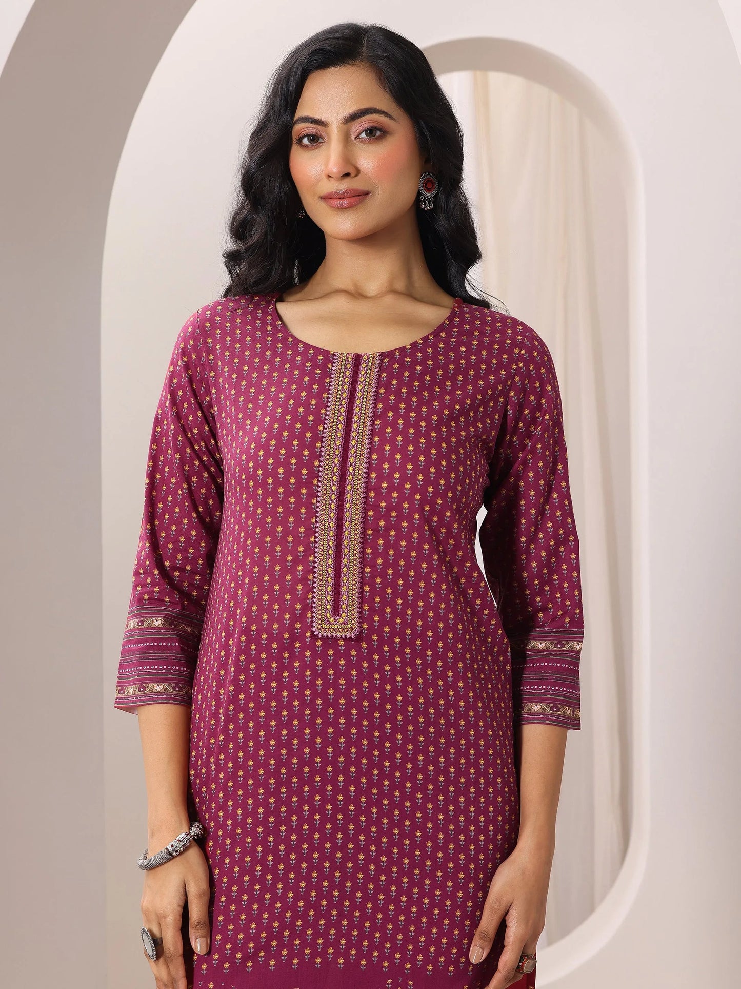 Maroon Printed Cotton Straight Suit Set With Dupatta