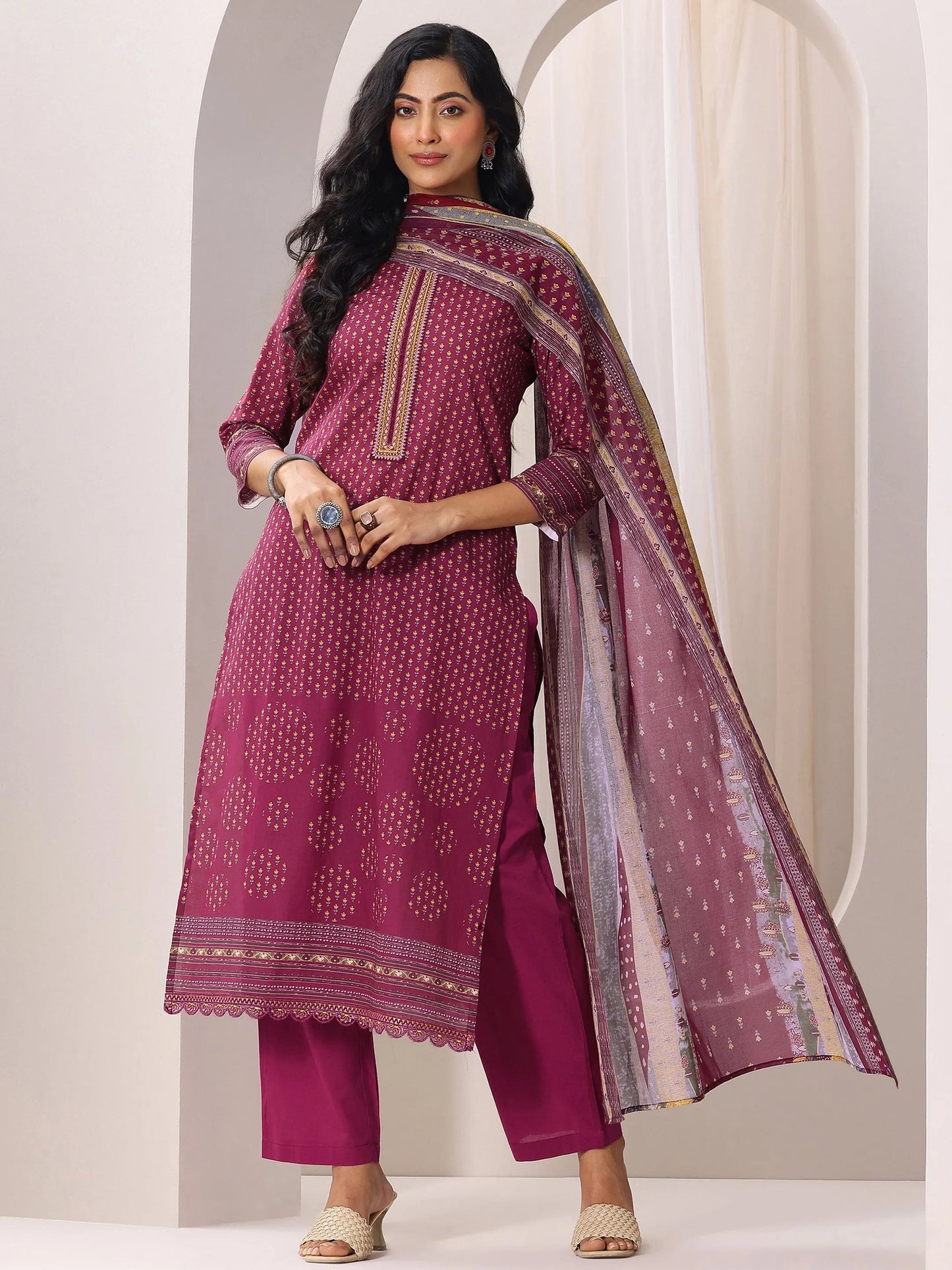 Maroon Printed Cotton Straight Suit Set With Dupatta