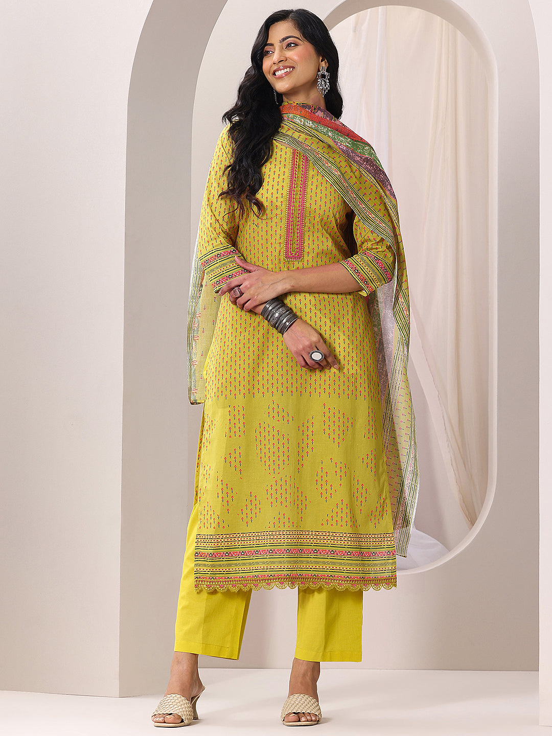 Green Printed Cotton Straight Suit Set With Dupatta