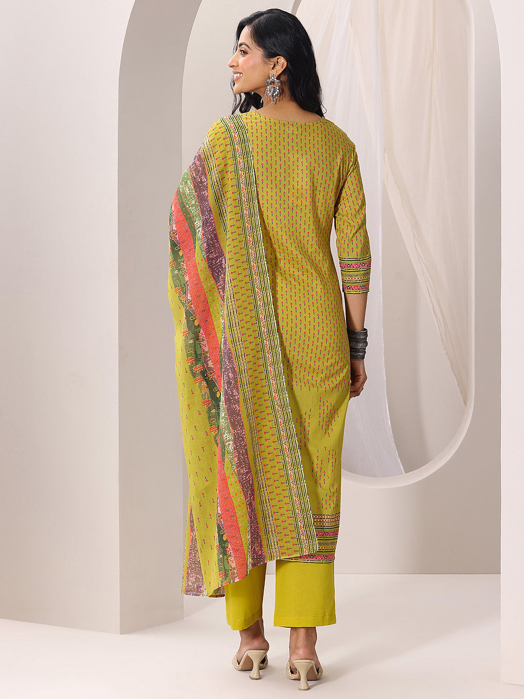 Green Printed Cotton Straight Suit Set With Dupatta