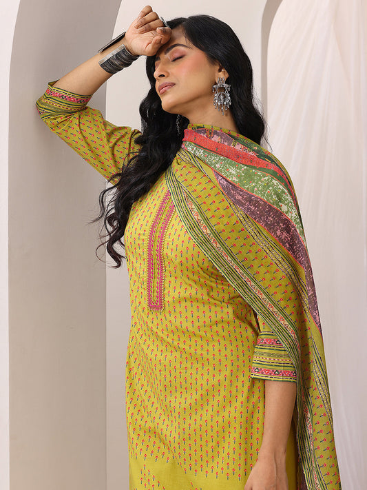Green Printed Cotton Straight Suit Set With Dupatta