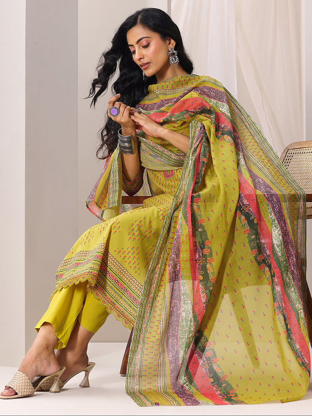 Green Printed Cotton Straight Suit Set With Dupatta