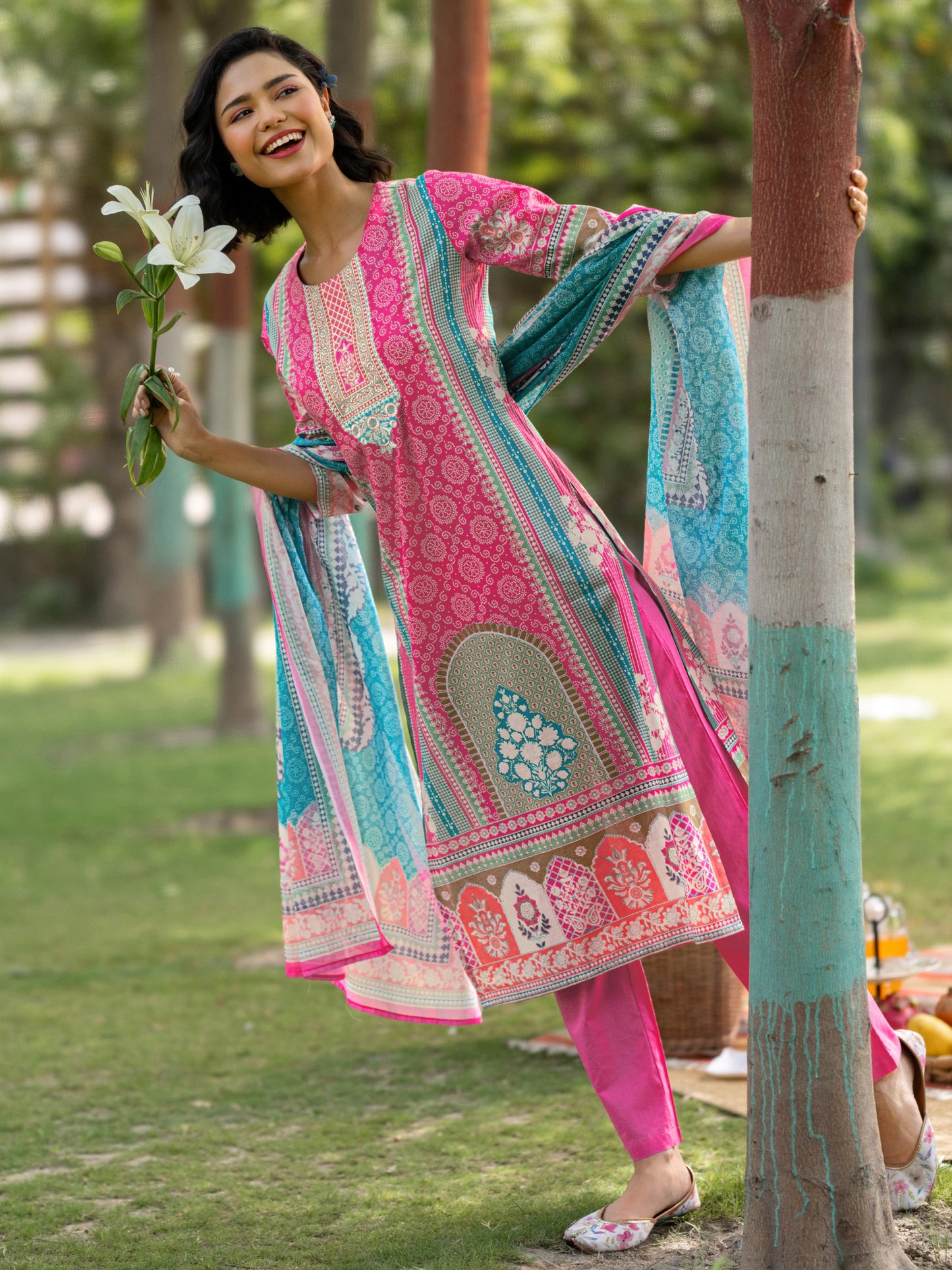 Pink Printed Cotton Straight Suit Set With Dupatta