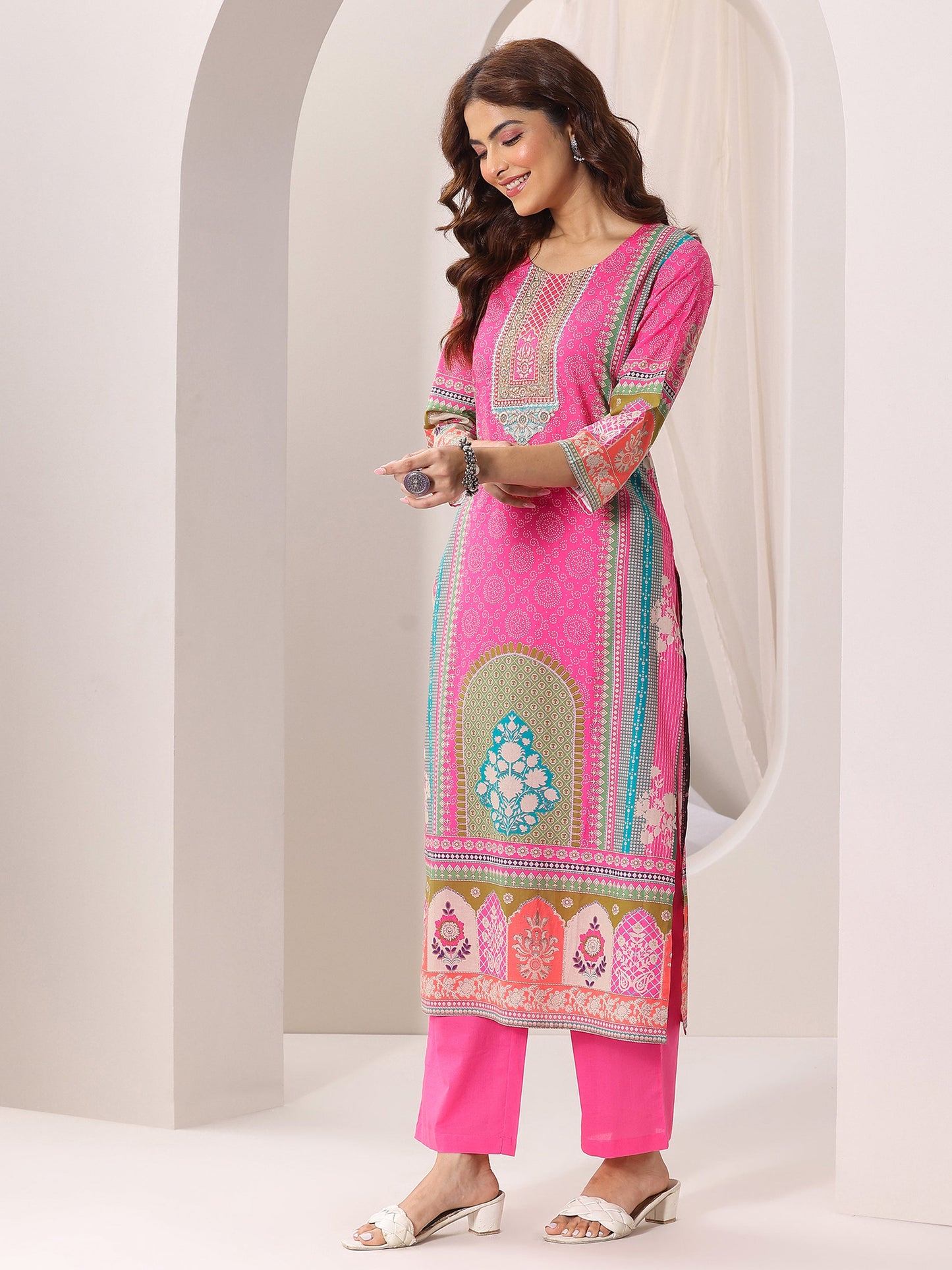 Pink Printed Cotton Straight Suit Set With Dupatta