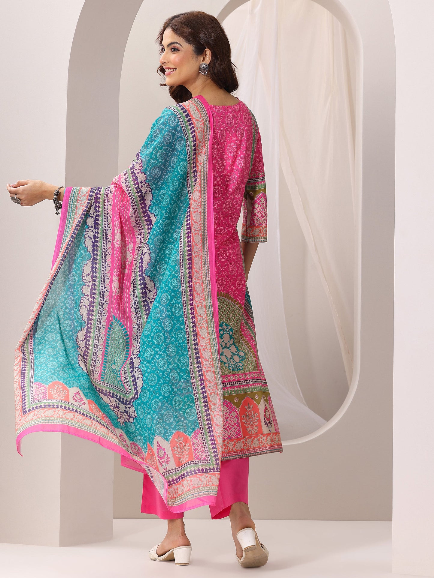 Pink Printed Cotton Straight Suit Set With Dupatta