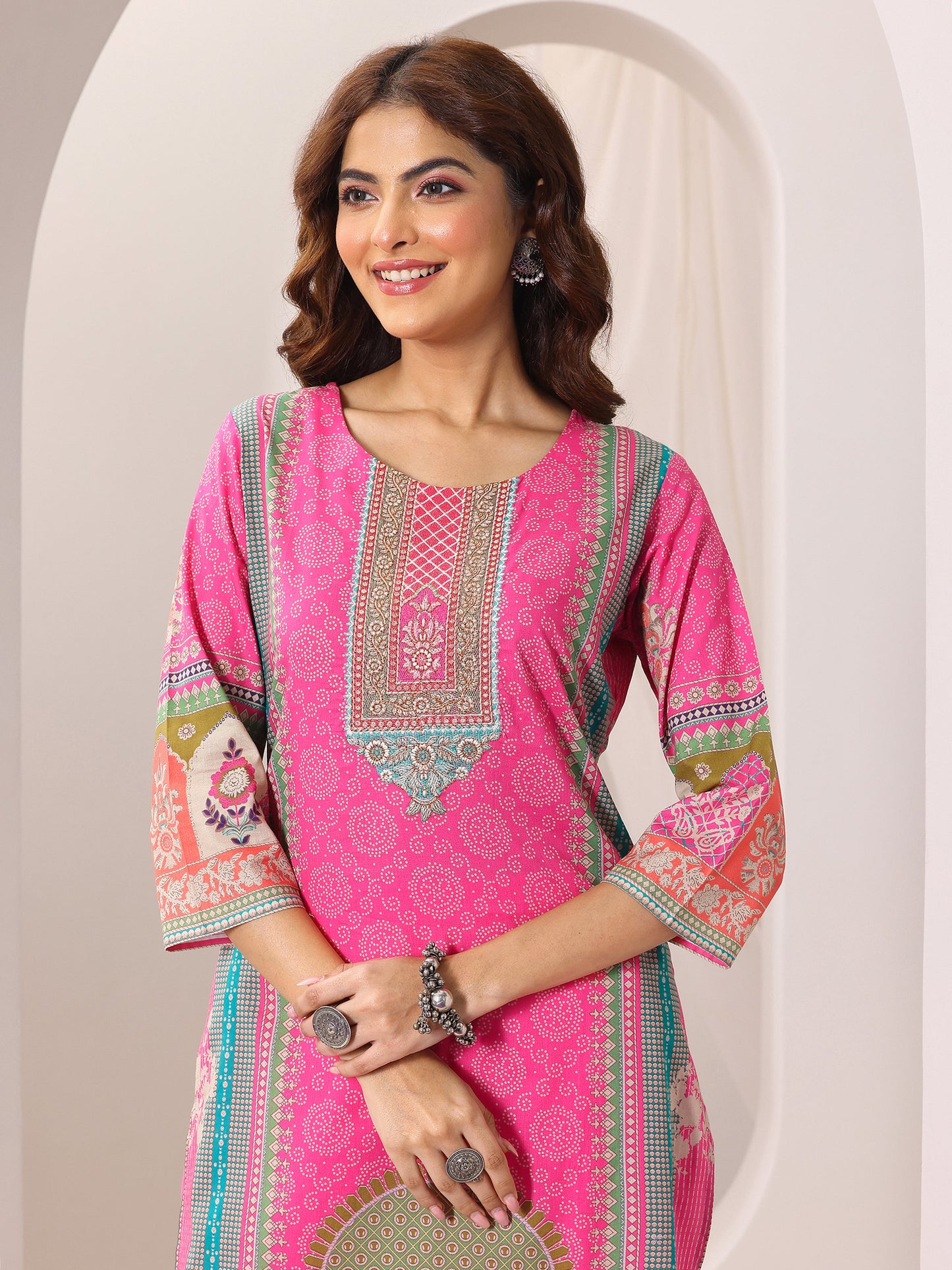 Pink Printed Cotton Straight Suit Set With Dupatta
