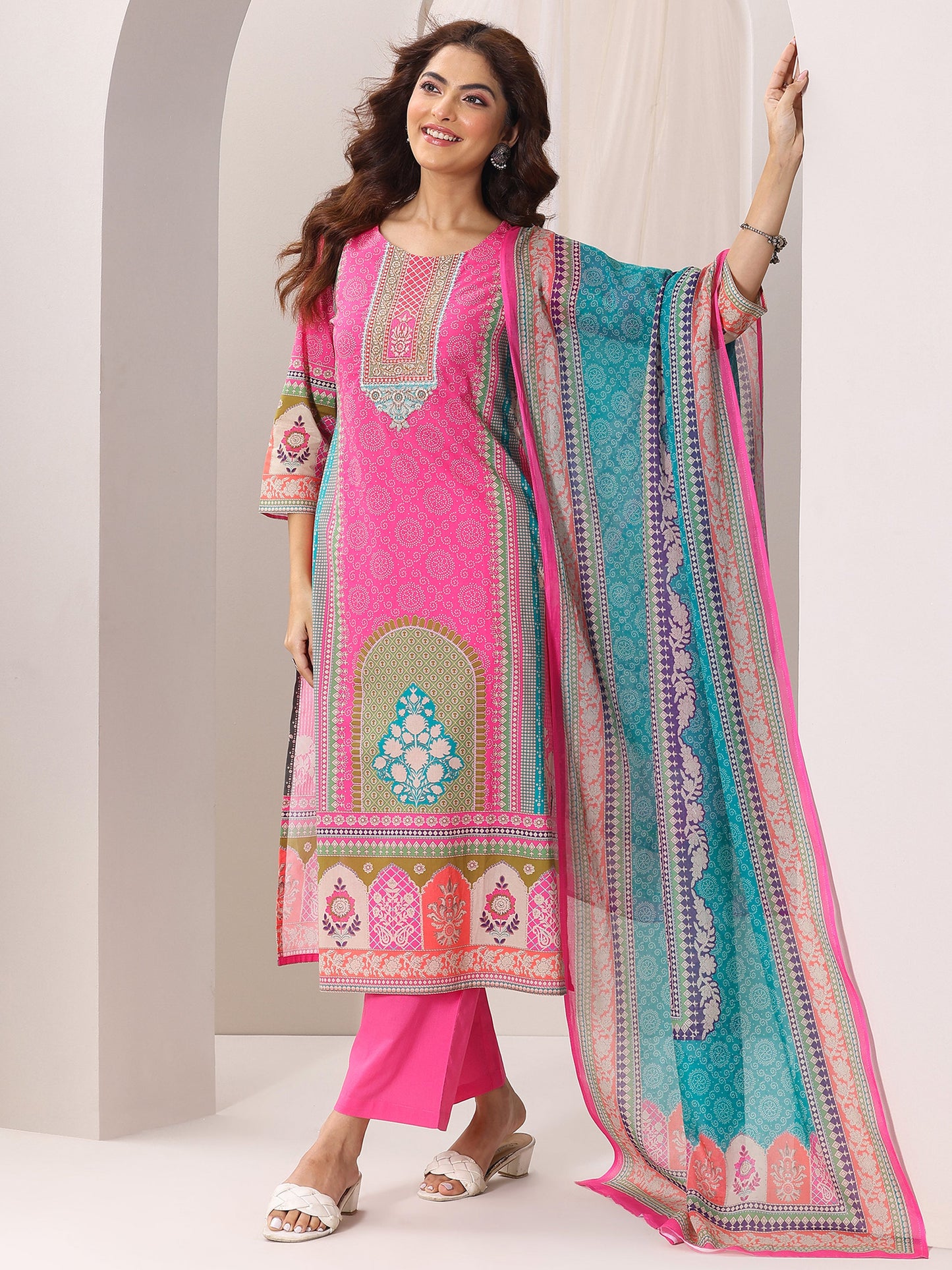 Pink Printed Cotton Straight Suit Set With Dupatta