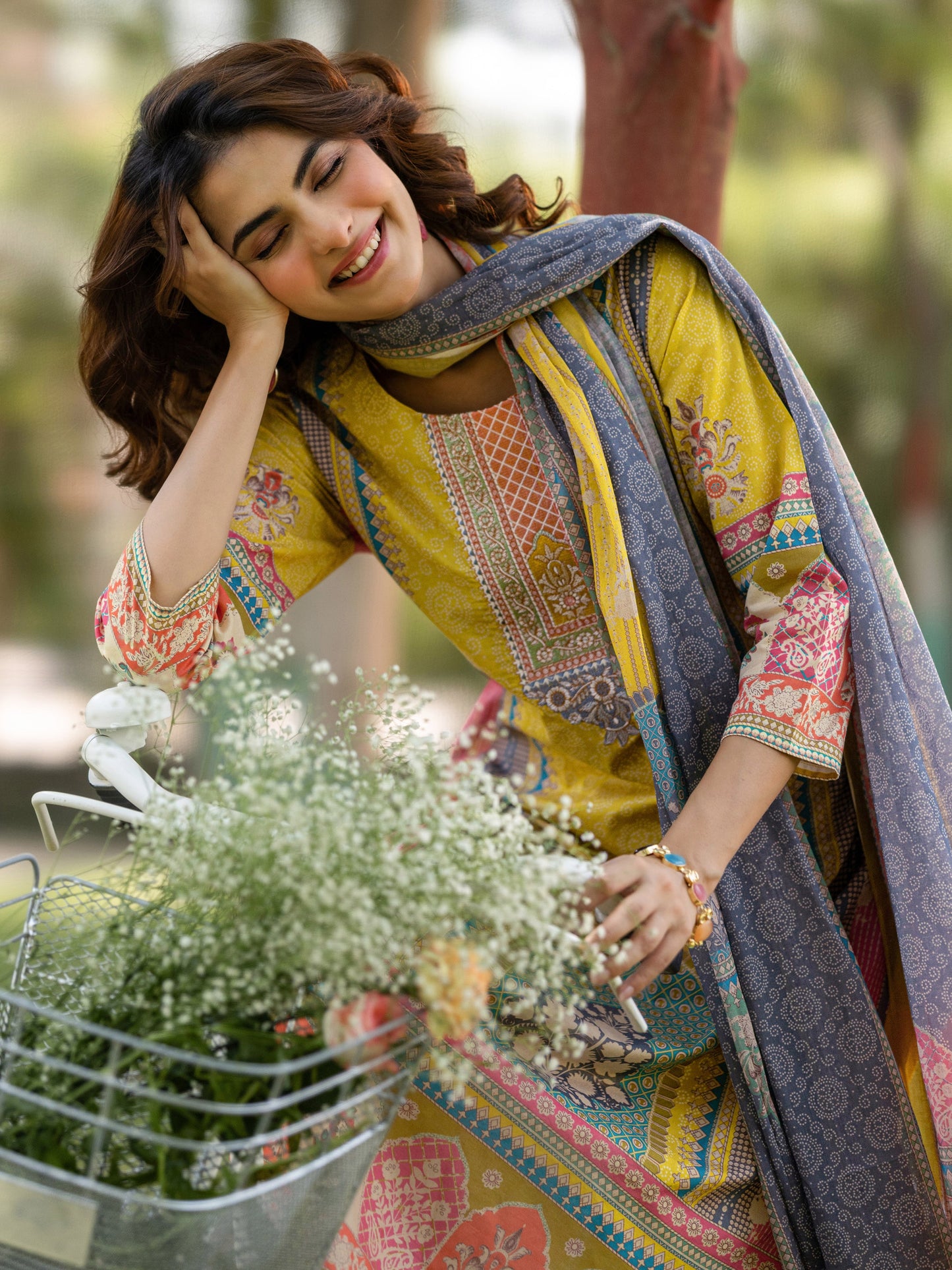 Yellow Printed Cotton Straight Suit Set With Dupatta