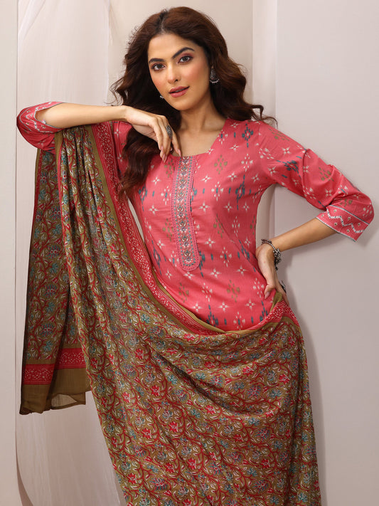 Coral Printed Cotton Straight Suit Set With Dupatta