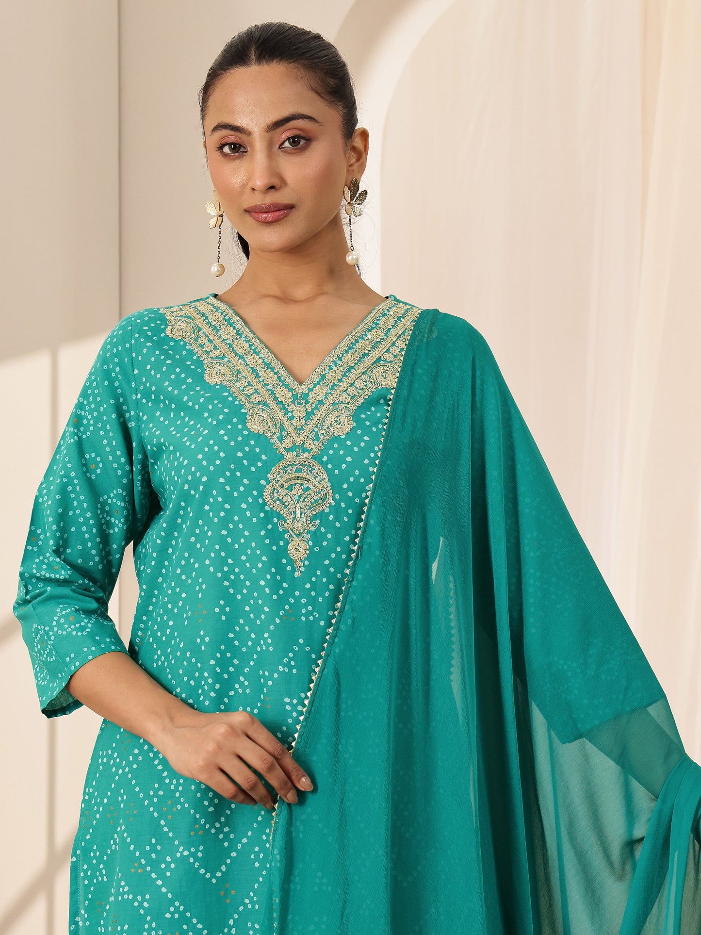 Turquoise Blue Printed Cotton Straight Suit Sets With Dupatta