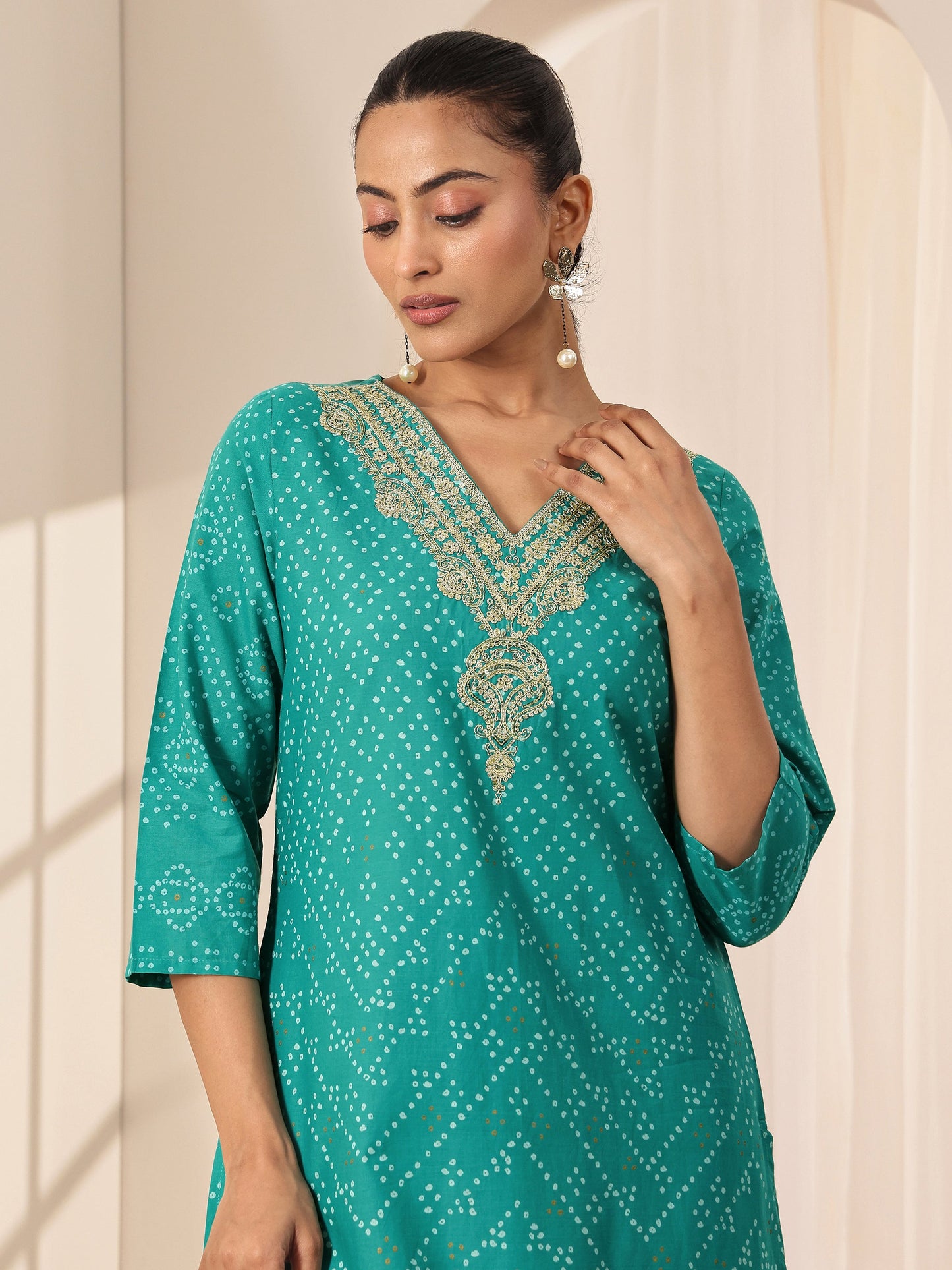 Turquoise Blue Printed Cotton Straight Suit Sets With Dupatta