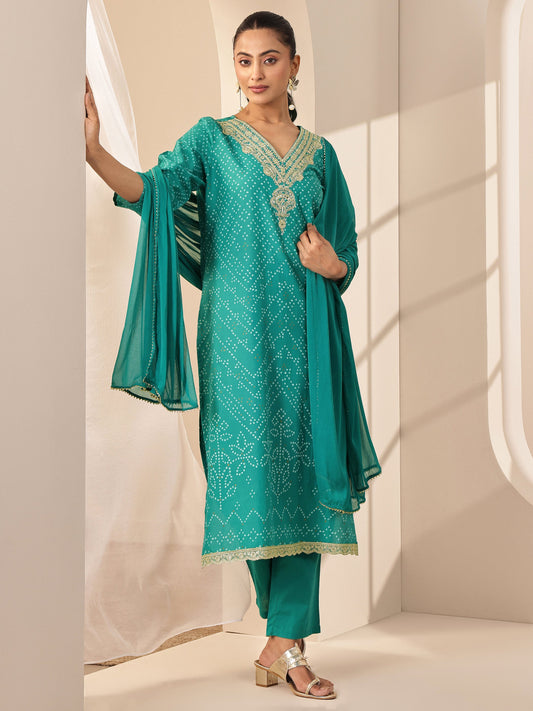 Turquoise Blue Printed Cotton Straight Suit Sets With Dupatta