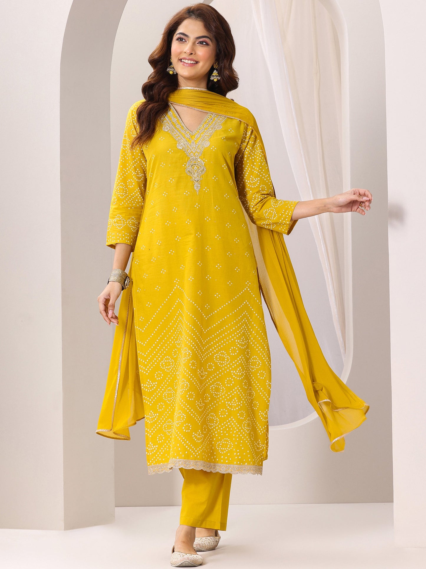 Mustard Printed Cotton Straight Suit Set With Dupatta