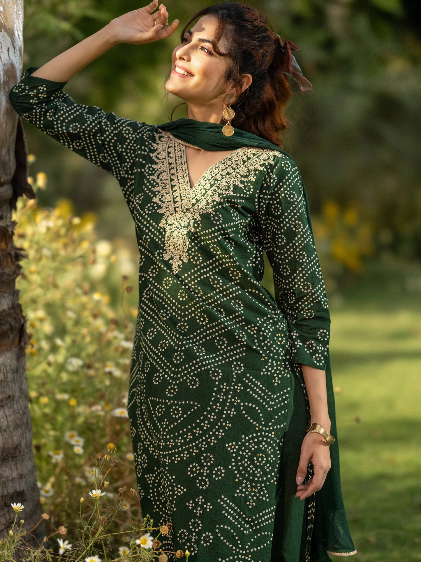 Green Printed Cotton Straight Suit Set With Dupatta