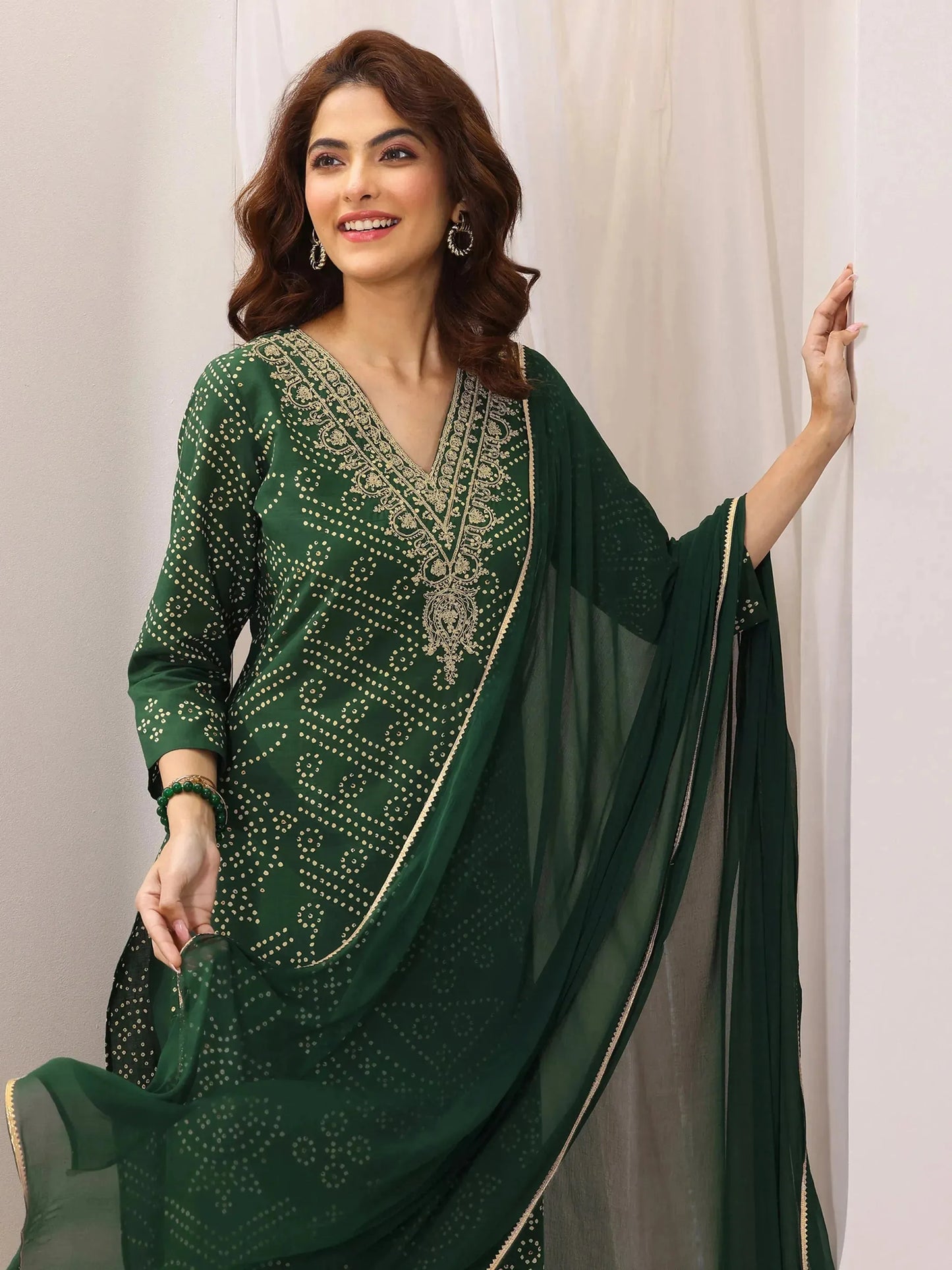 Green Printed Cotton Straight Suit Set With Dupatta