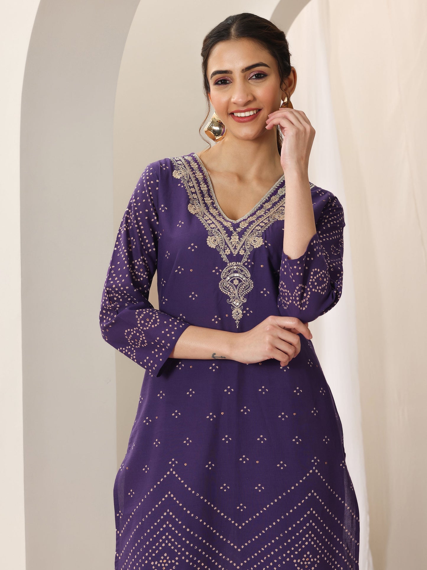 Purple Printed Cotton Straight Suit Set With Dupatta
