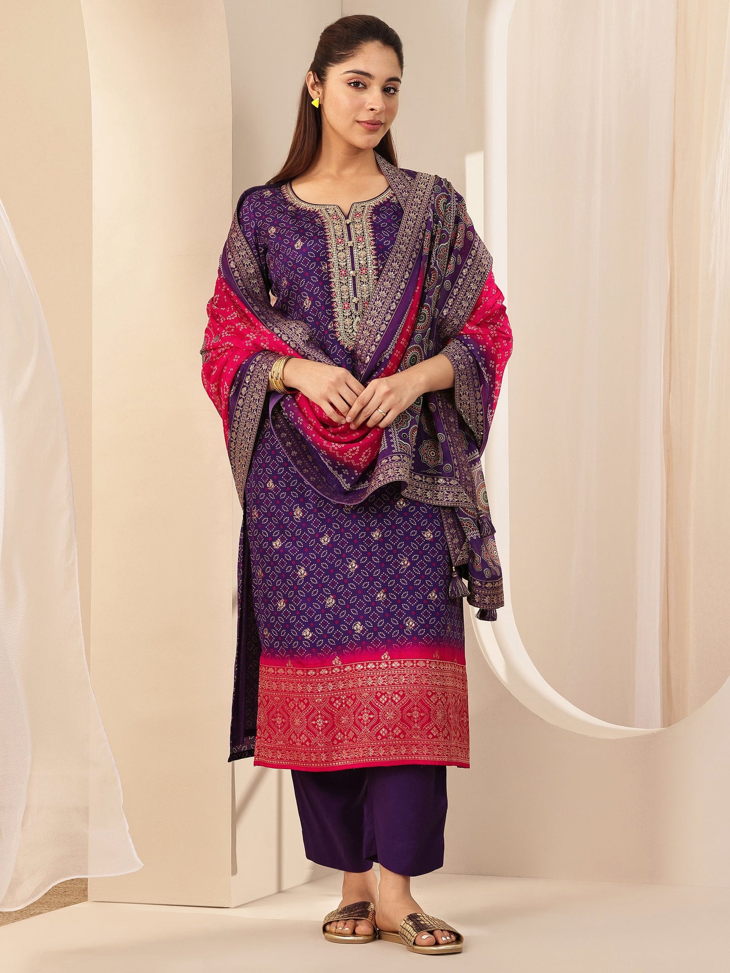 Purple Printed Silk Blend Straight Suit Sets With Dupatta