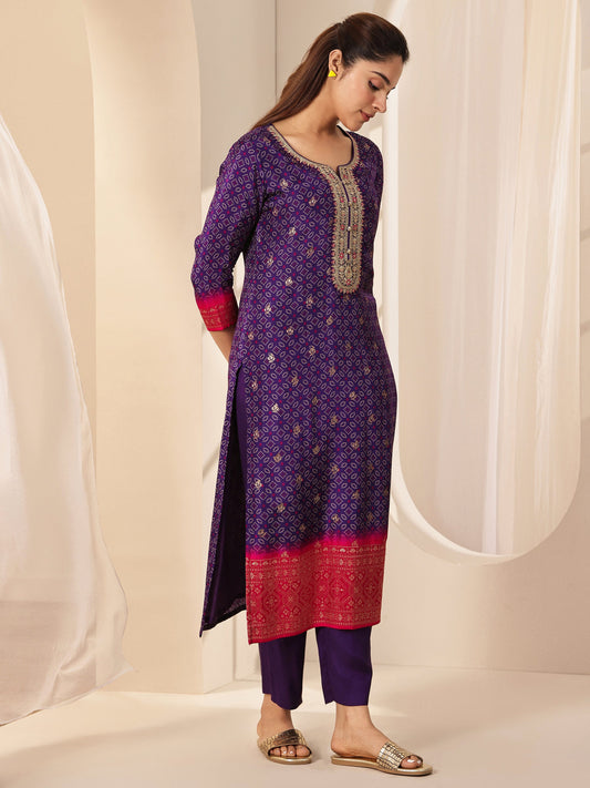 Purple Printed Silk Blend Straight Suit Sets With Dupatta