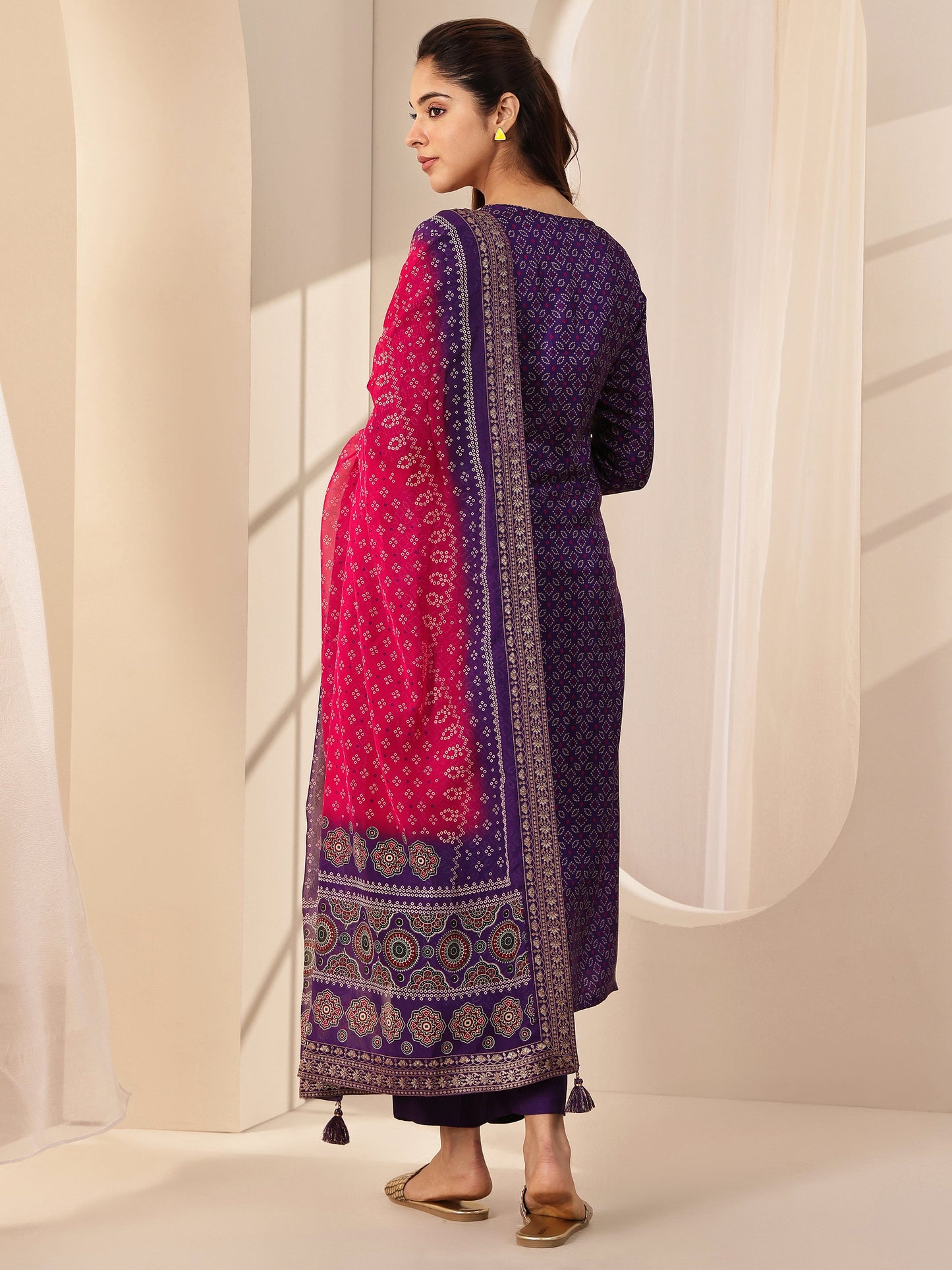 Purple Printed Silk Blend Straight Suit Sets With Dupatta
