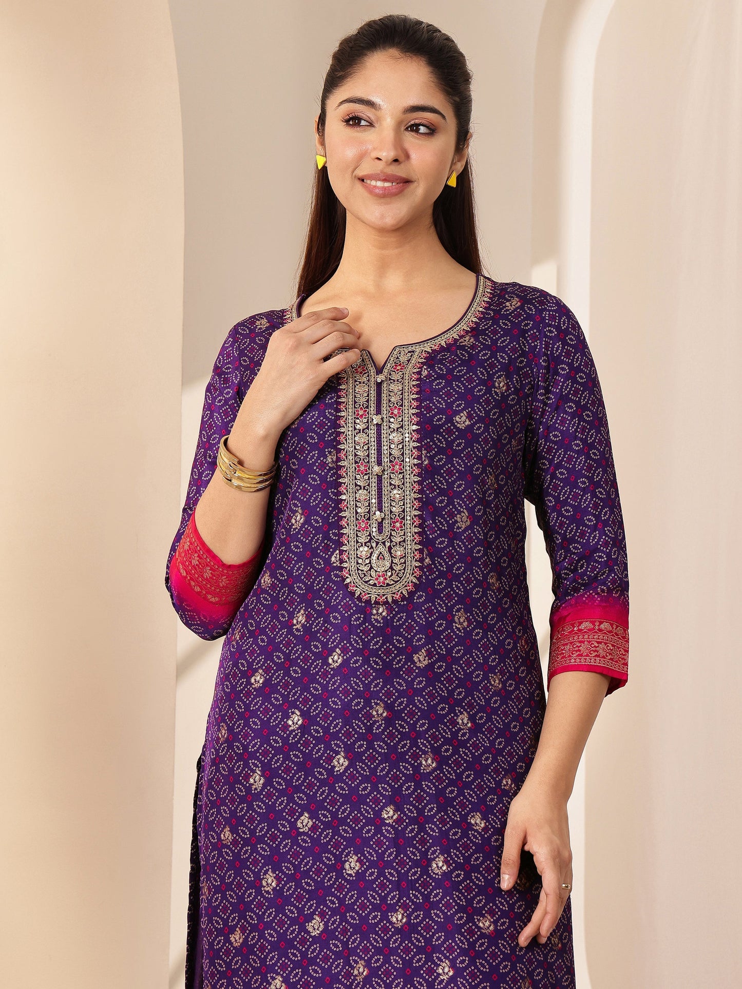 Purple Printed Silk Blend Straight Suit Sets With Dupatta