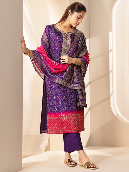 Purple Printed Silk Blend Straight Suit Sets With Dupatta