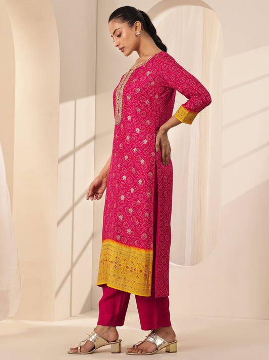 Red Printed Silk Blend Straight Suit Sets With Dupatta