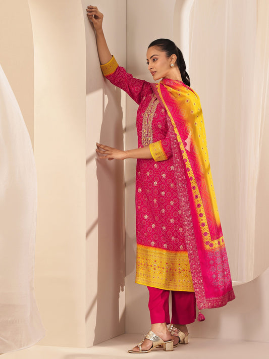 Red Printed Silk Blend Straight Suit Sets With Dupatta