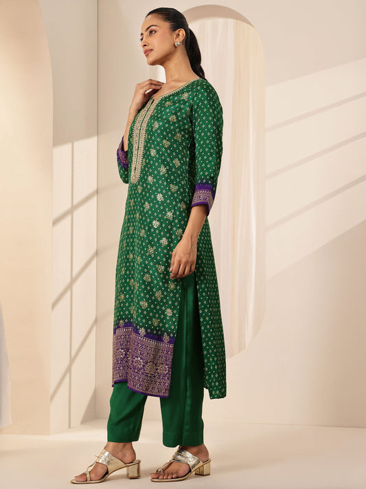 Green Printed Silk Blend Straight Suit Set With Dupatta