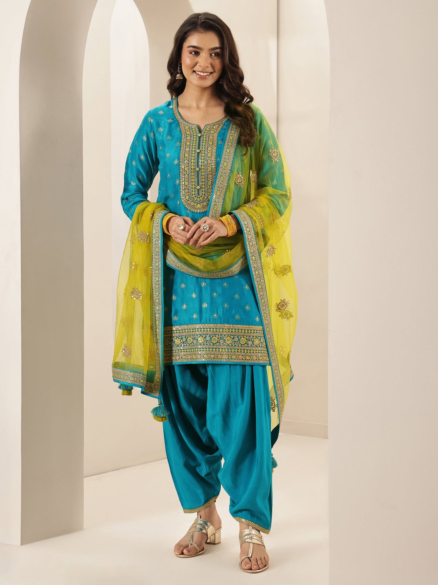 Libas Art Blue Self Design Silk Blend Straight Suit Sets With Dupatta