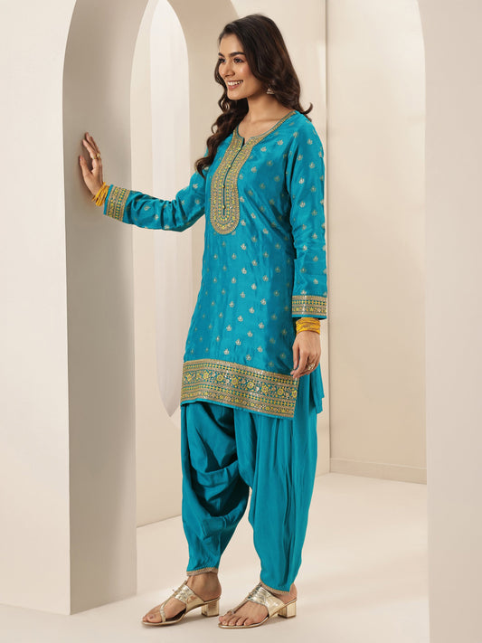Libas Art Blue Self Design Silk Blend Straight Suit Sets With Dupatta