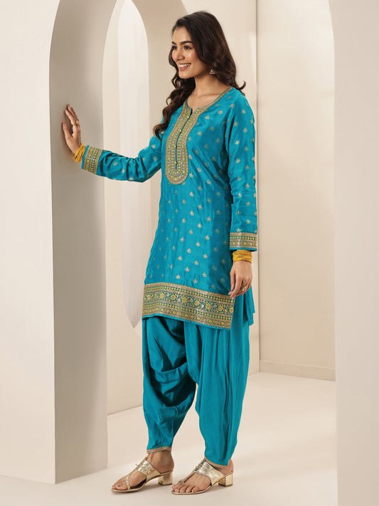 Libas Art Blue Self Design Silk Blend Straight Suit Sets With Dupatta
