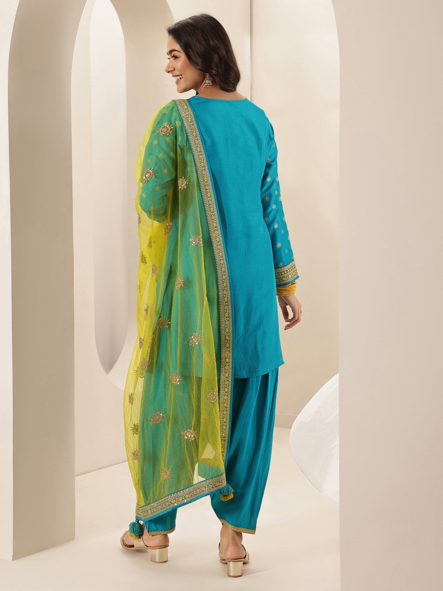 Libas Art Blue Self Design Silk Blend Straight Suit Sets With Dupatta