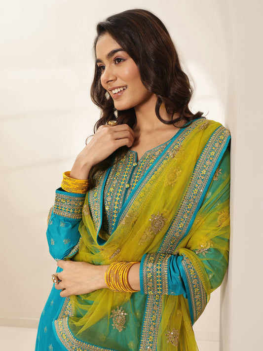 Libas Art Blue Self Design Silk Blend Straight Suit Sets With Dupatta