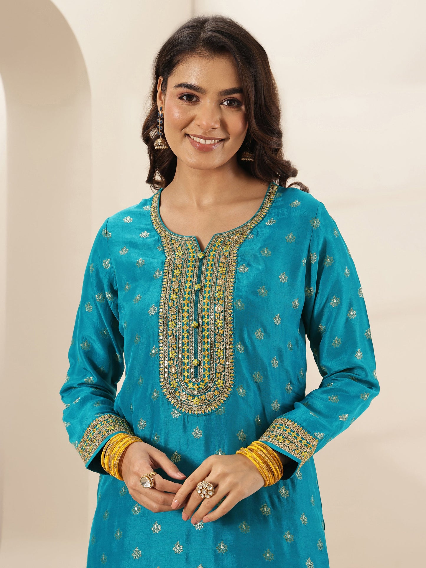 Libas Art Blue Self Design Silk Blend Straight Suit Sets With Dupatta